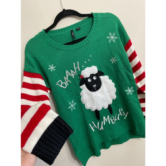 New Directions Green Bah Humbug Christmas Sweater Sz PM Knit Top - Picture 2 of 8